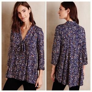 Anthropologie Maeve Floral Front Tie Neck Swing Blouse Women’s Petite Size XSP